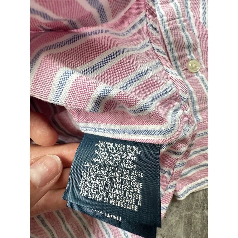 Ralph Lauren Boys Size M 12/14 Pink Blue Striped Oxford Button Down Shirt